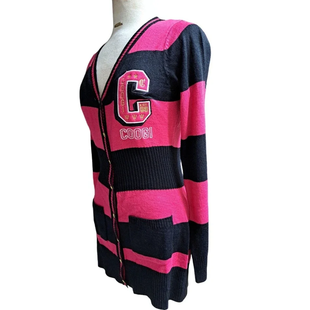 Coogi Cardigan Sweater Women L Pink Black Striped Vintage Retro 90s Letterman - Picture 2 of 9